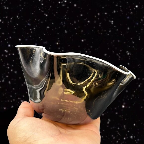 Czech Art Glass Handkerchief Bowl Smokey Olive Green White Ruffles Bohemian 3”T - Picture 10 of 12